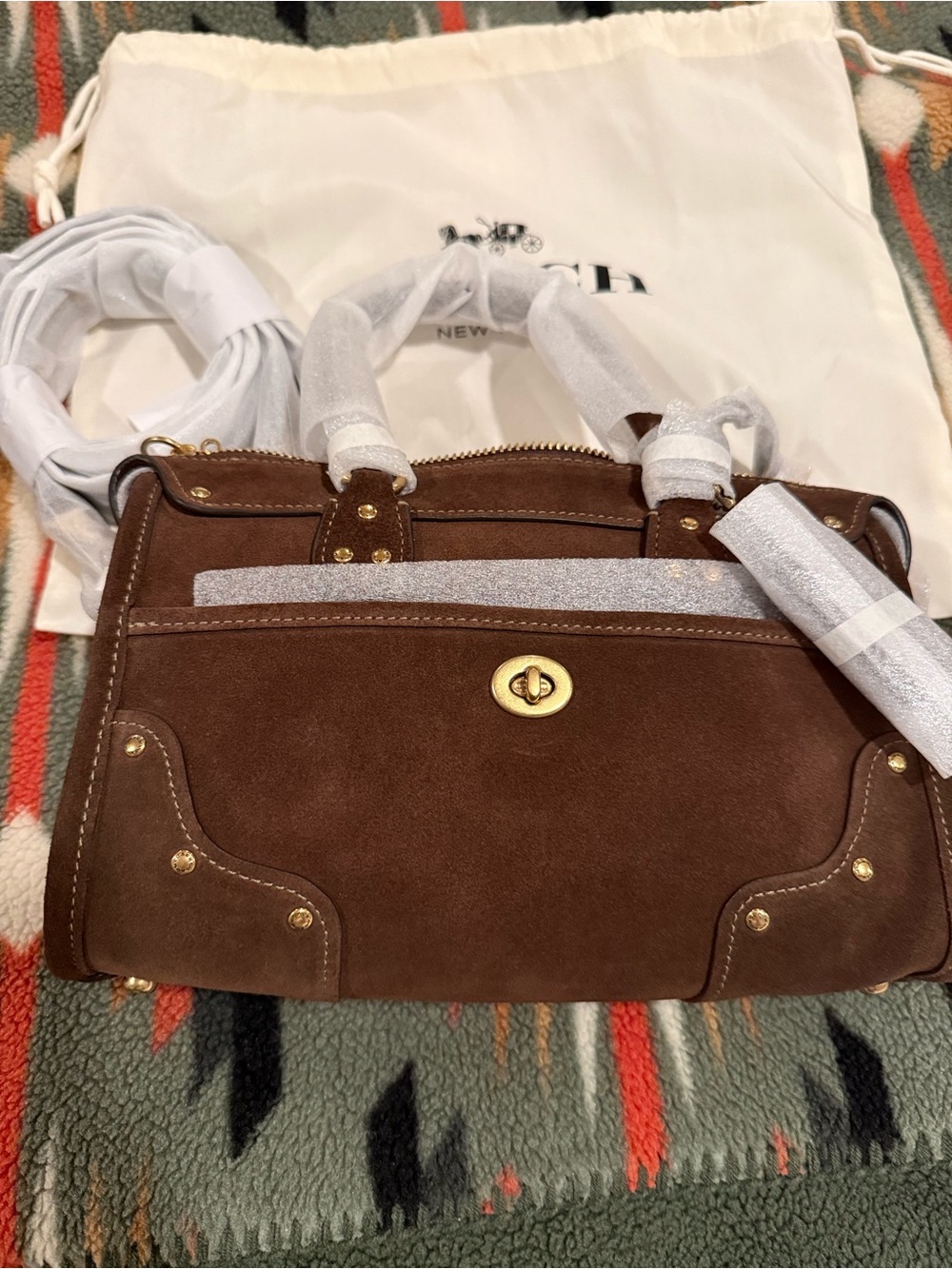 Coach Brown Suede Satchel with Gold Hardware